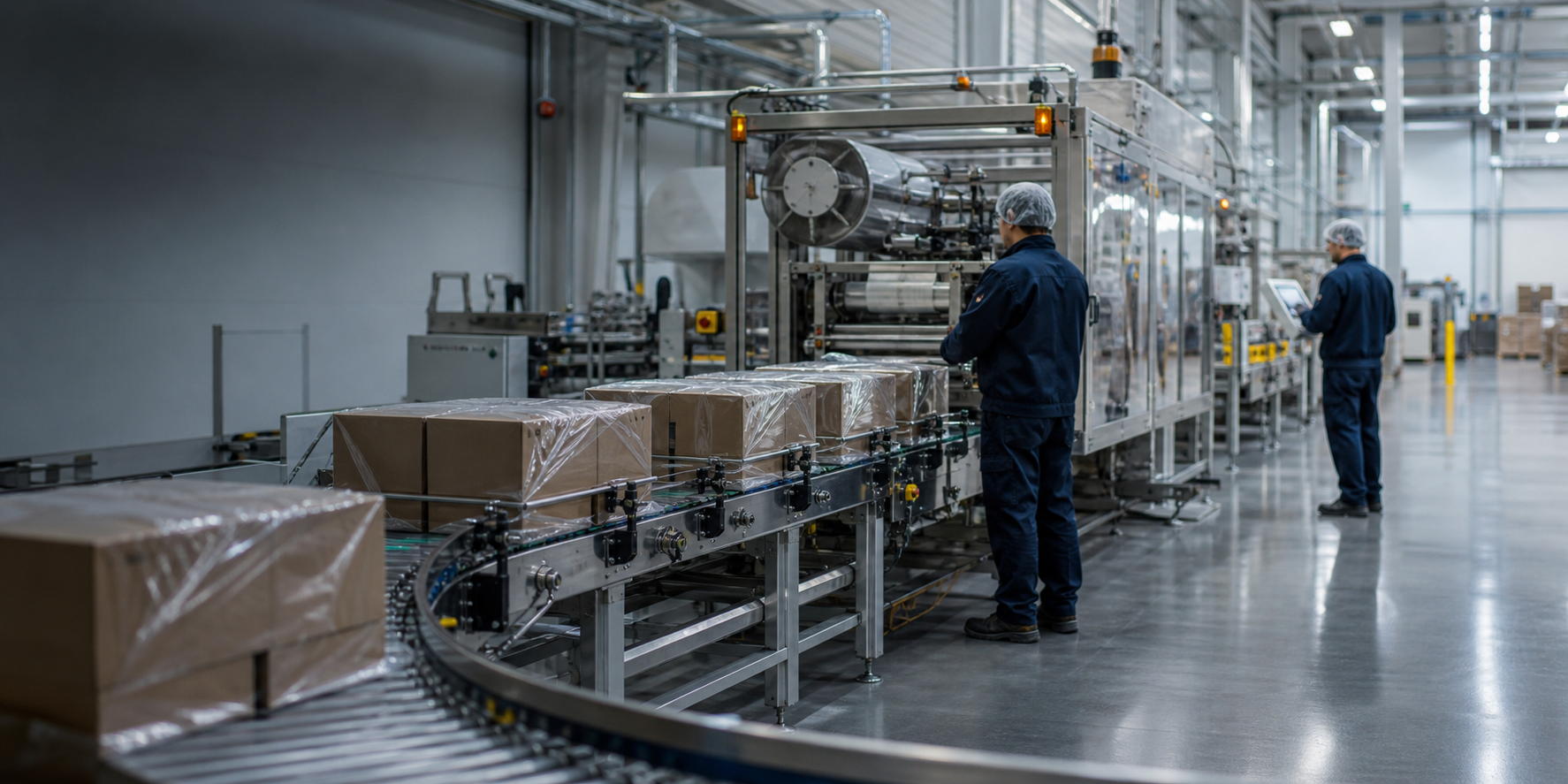 Contract packaging production line with operators monitoring shrink-wrapping machinery