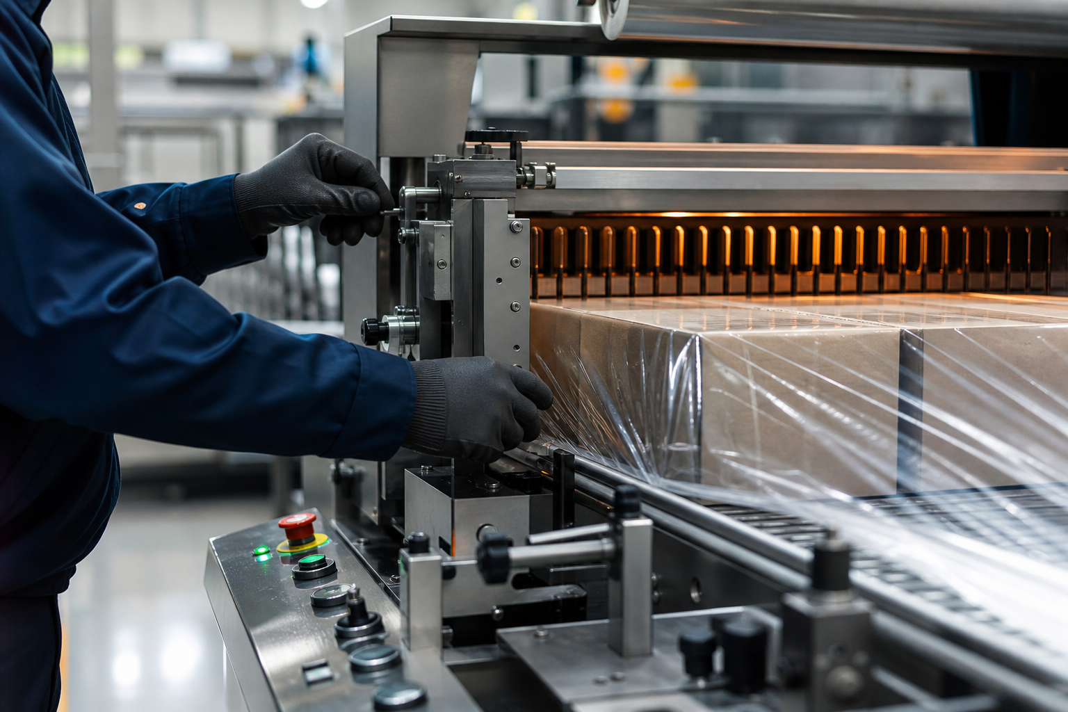 Operator adjusting clear film on professional shrink-wrapping machinery
